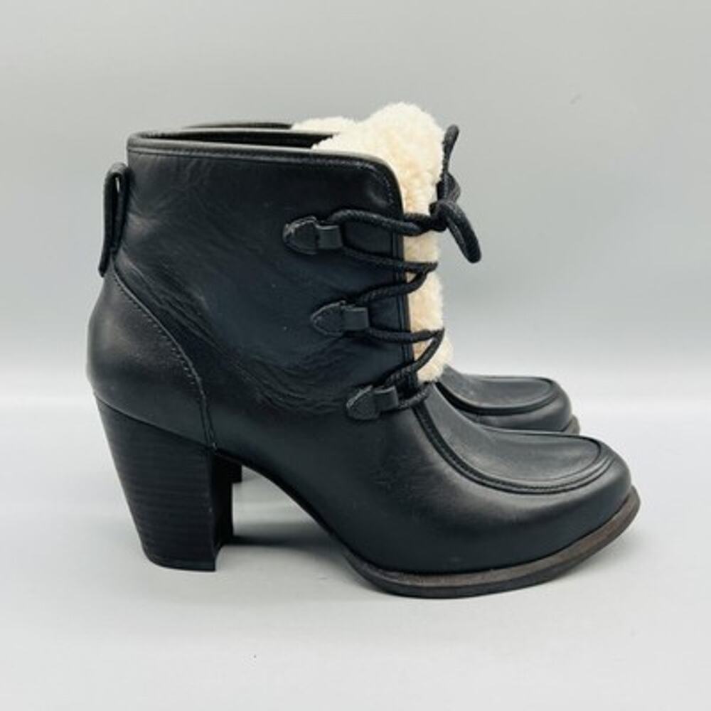 UGG Boots Womens 6 Black Leather Analise Shearling Ankle Lace Up Heel Shoes